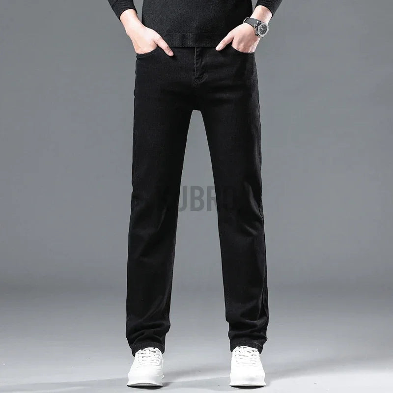 2024 Winter New Casual Men's Warm Fleece Jeans Classic Style Business Thicken Fur Regular Fit Denim Pants Brand Plush Trousers