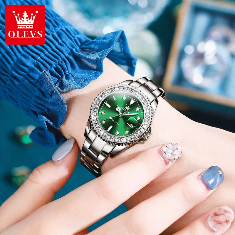 OLEVS Original Quartz Ladies Watch Luxury Diamonds Steel strip Leather strap Luminous Waterproof Diving Green Men's Quartz Watch