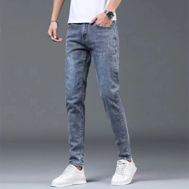 Boyfriend Daily All-match Pencil Distressed Jeans Men Casual Slim Fit Denim Pants Narrow Leg Ripped Pants Skinny Solid Trousers