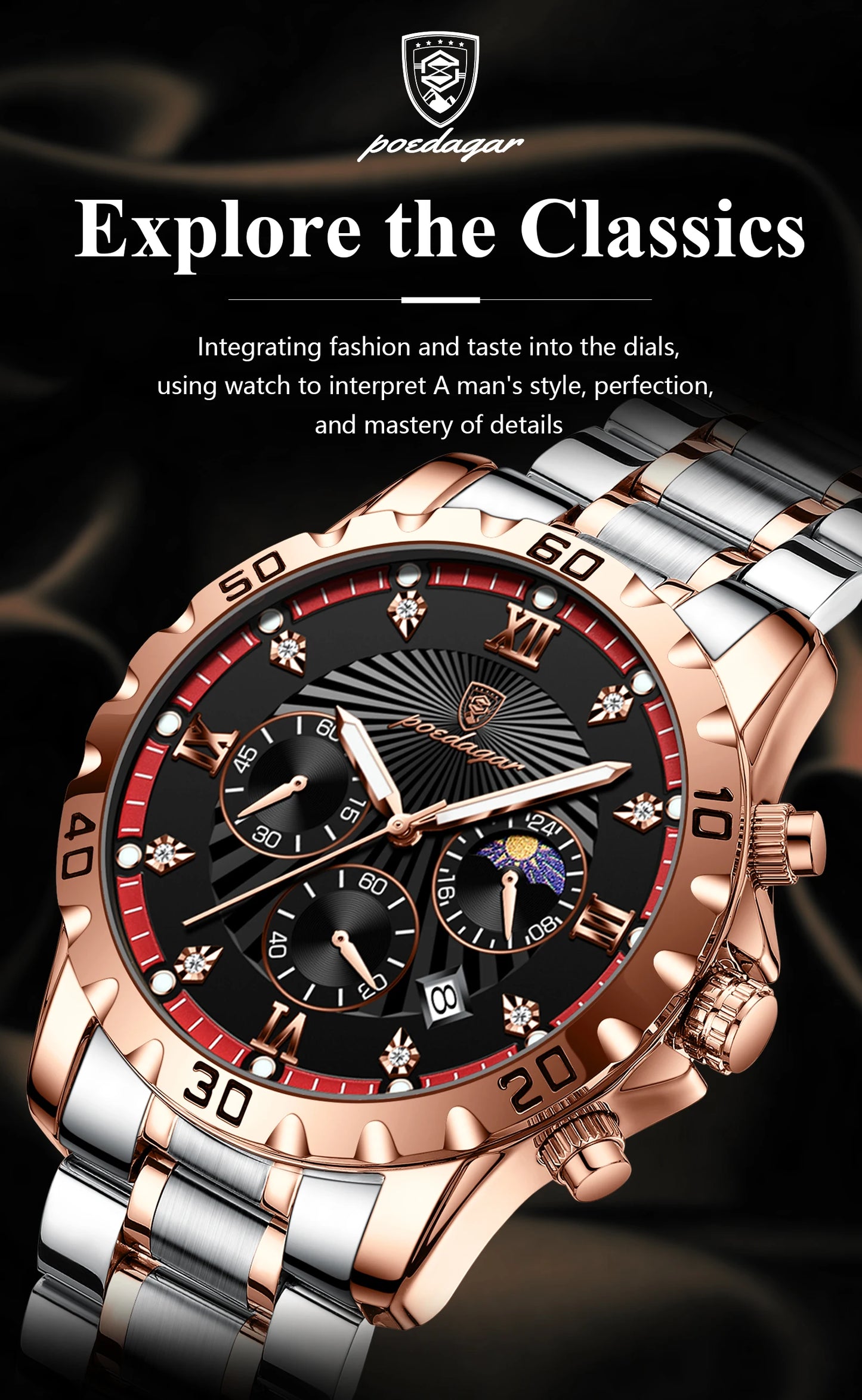 POEDAGAR Luxury Military Watch For Men Waterproof Luminous Chronograph Date Man Wristwatch Stainless Steel Quartz Men's Watches