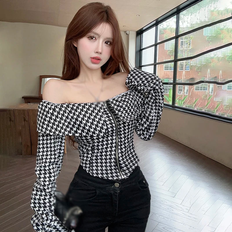 Women's Shirt Korean Version Spring Autumn Plaid Zipper Long Sleeves Fashion Blouse Clothing