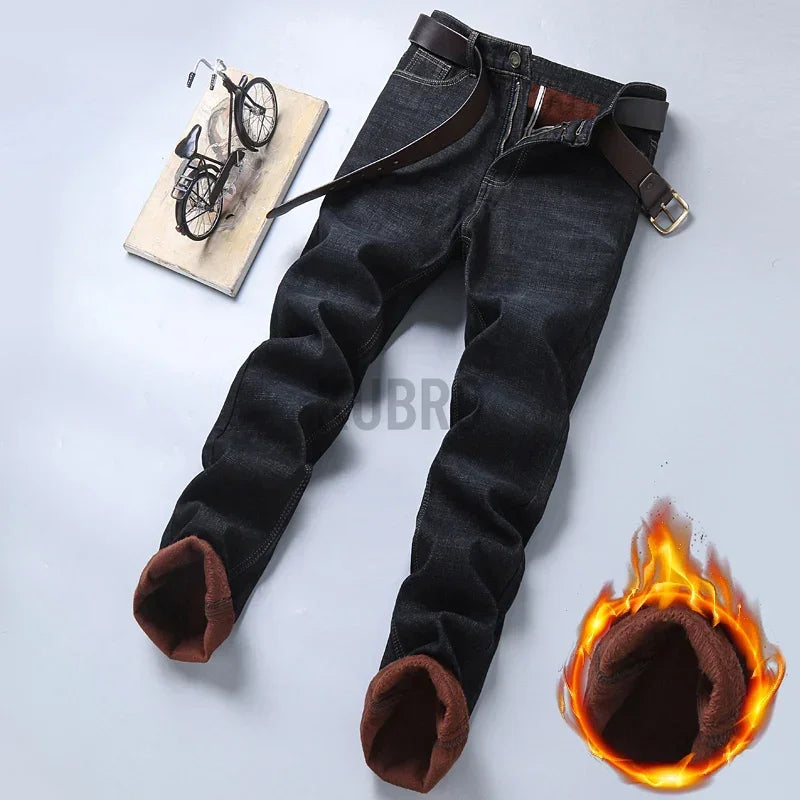 2024 Winter New Casual Men's Warm Fleece Jeans Classic Style Business Thicken Fur Regular Fit Denim Pants Brand Plush Trousers