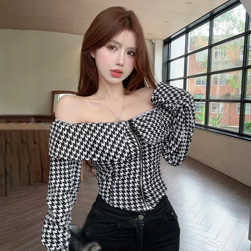 Women's Shirt Korean Version Spring Autumn Plaid Zipper Long Sleeves Fashion Blouse Clothing