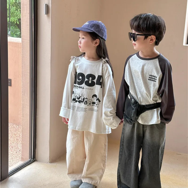 2024 Spring Boys and girls cartoon Letters cotton T shirts Kids O-Neck loose long sleeve Tops