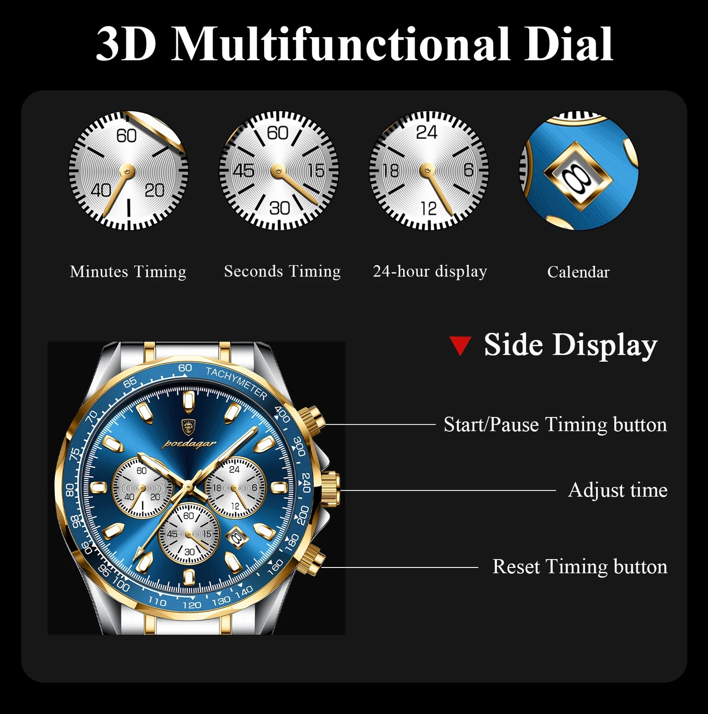 POEDAGAR Luxury Men Watches Multi-functional Original Quartz Watch for Man Waterproof Luminous Chronograph Wristwatch Male Date