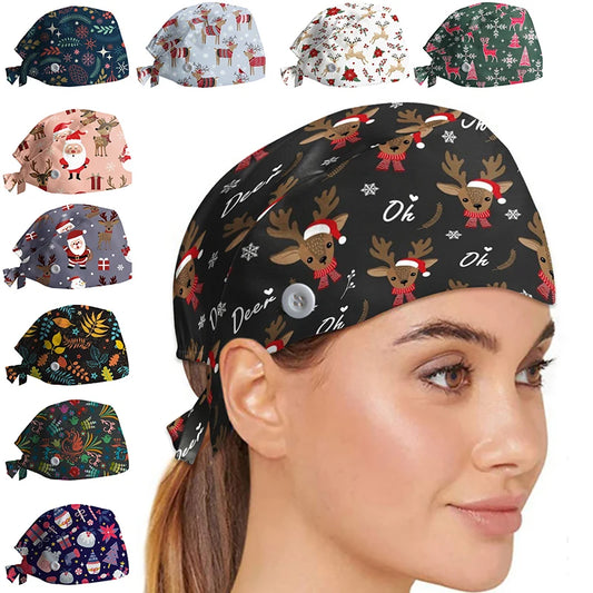 New Christmas Scrubs Caps Santa Claus Print Cap Pet Grooming Agency Work Scrubs Hat Beauty Work Hats Lab Nursing Cap