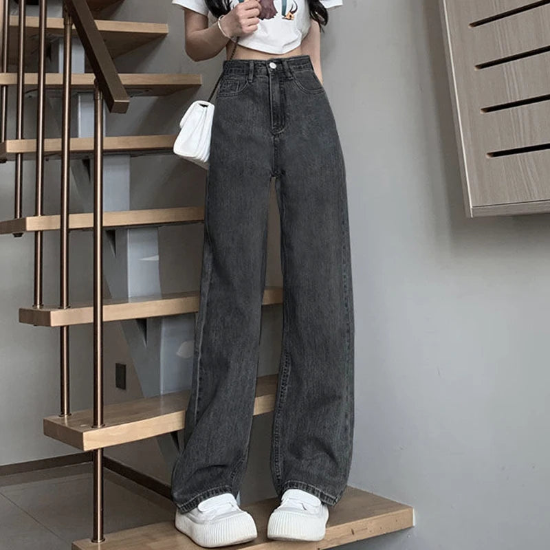 Woman Vintage Wide Leg Jeans Girls High Waist Pants Female Fashion Black Black Grey Retro Blue Light Blue Pink Denim Trousers