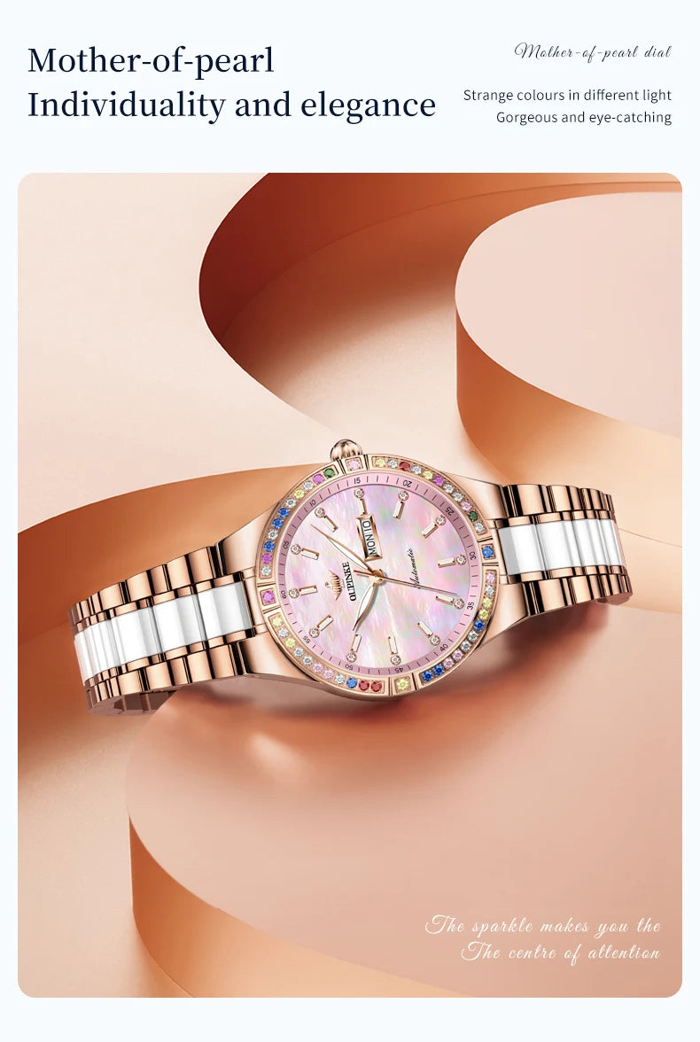 OUPINKE 3283 Women's Watch Elegant Ceramic Strap Luxury Brand Sapphire Calendar Week Waterproof Women Automatic Mechanical Watch