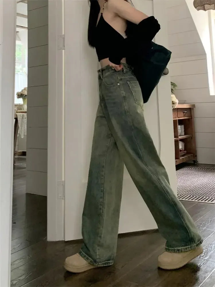 Vintage High-waisted Slimming Jeans American Style Casual Bell Bottoms Versatile Straight-leg Long Pants For Women