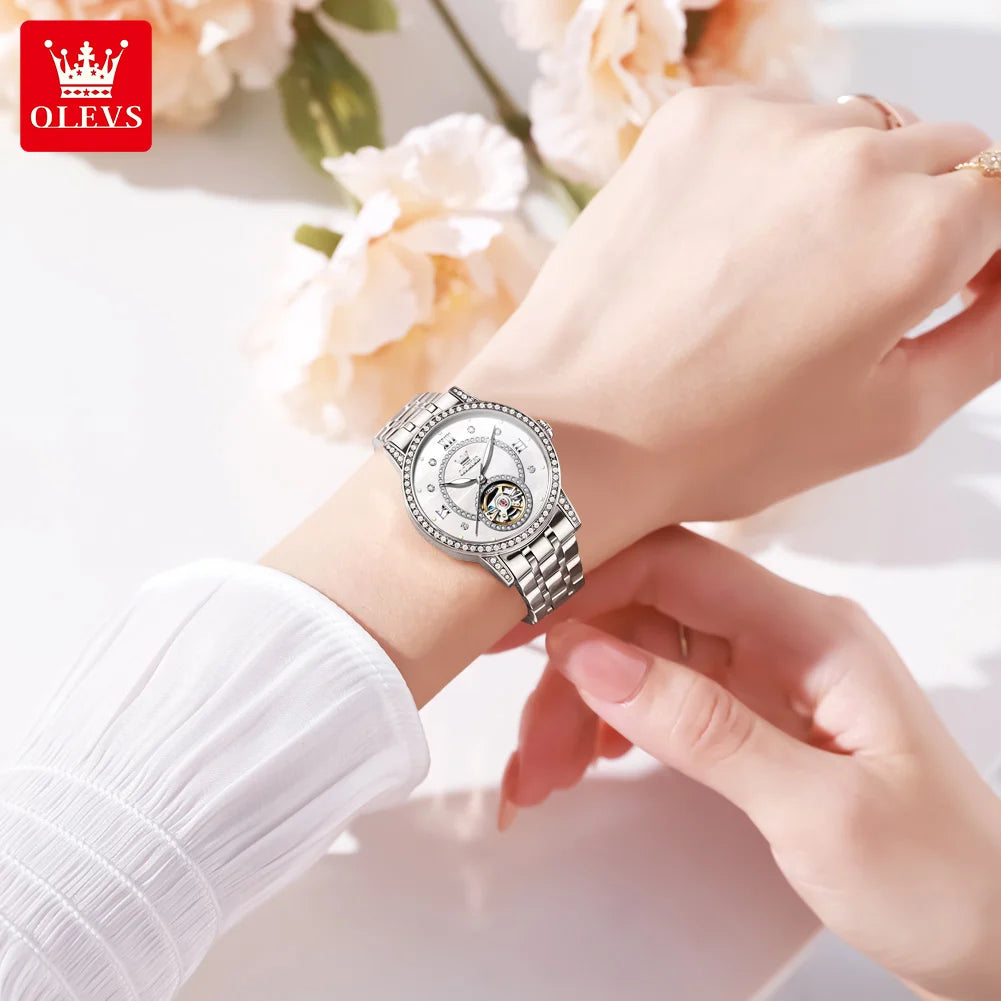 OLEVS Top Brand Women's Watches Elegant Shining Brightly Dial Original Wristwatch Waterproof Automatic Mechanical Flywheel Watch