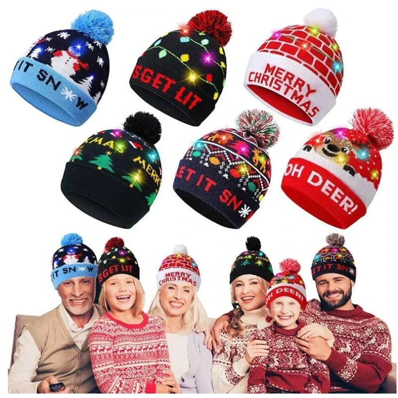 1pc LED Christmas Hat X-mas Flash Light Up Knitted Hat Warm Winter Cap Christmas Gift for Kids/Adults Xmas New Year Feative Hats