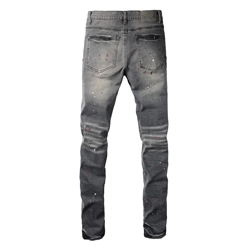 Men's Distressed Light Gray Skinny Americans High Street Style Graffiti Slim Fit Ripped Holes Jeans