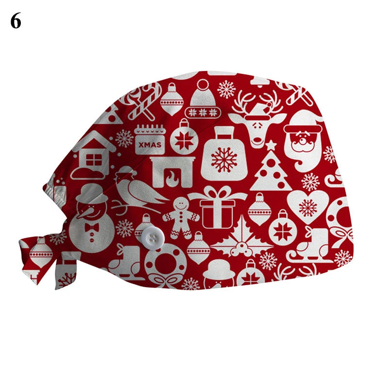 New Christmas Scrubs Caps Santa Claus Print Cap Pet Grooming Agency Work Scrubs Hat Beauty Work Hats Lab Nursing Cap