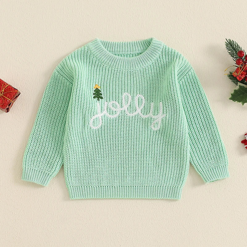 0-36months Baby Christmas Sweaters Lettering Embroidered Cozy Long Sleeve Ribbed Knit Pullover for Toddlers Boys And Girls