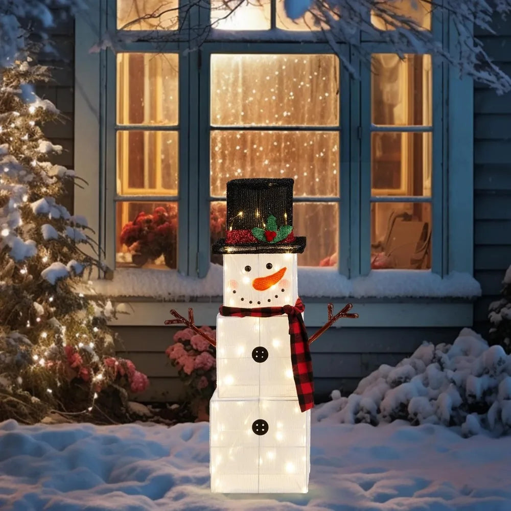 4FT Lighted Snowman Christmas Decorations w/ 120 LED Lights, Auto Take on/Off Hat, Pop-up Snowman Ornaments