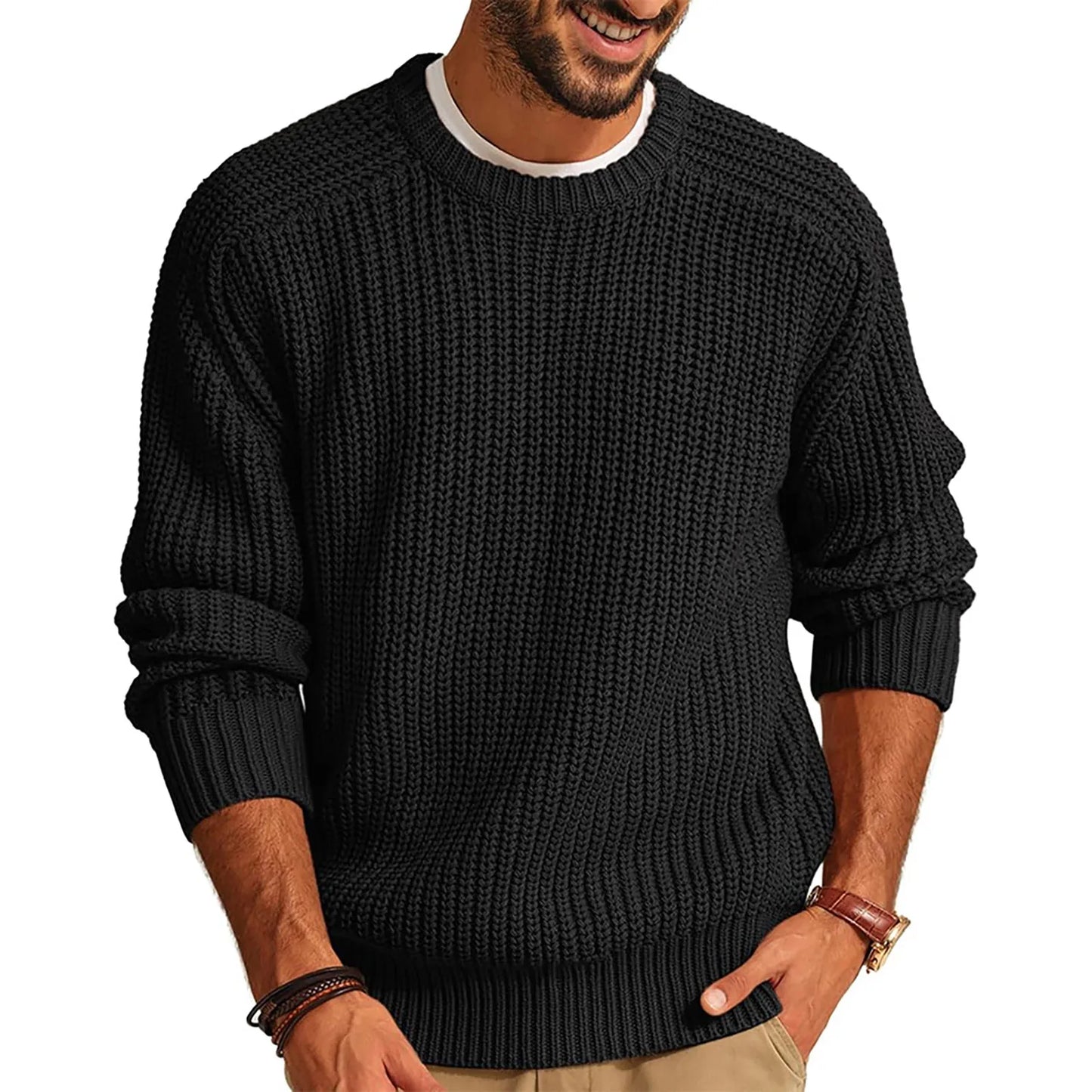 Autumn Winter Casual Brushed Knitted Sweater Men Round Neck Long Sleeve Base Shirt Tops Solid Color Loose Plain Sweaters