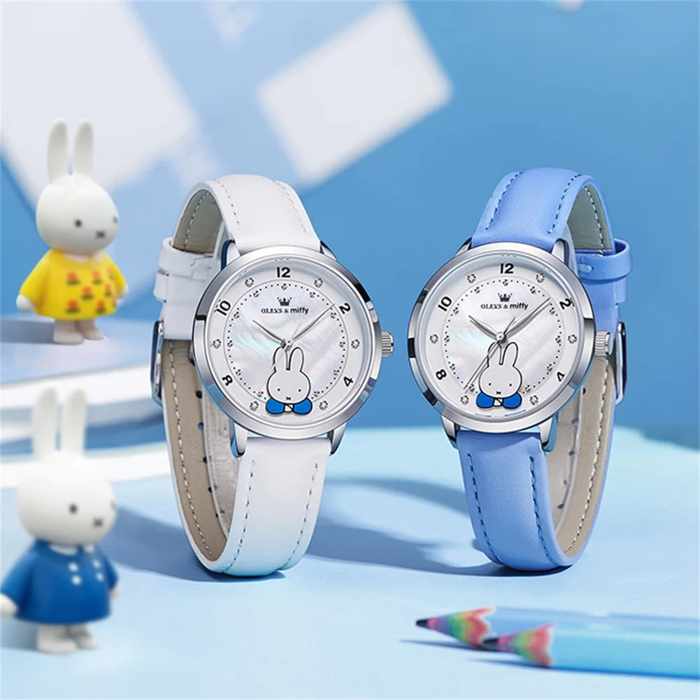 OLEVS & Miffy Joint Edition Women's Watches Casual Cute Style Original Quartz Watch for Girl Leather Strap Box Gift for Kids