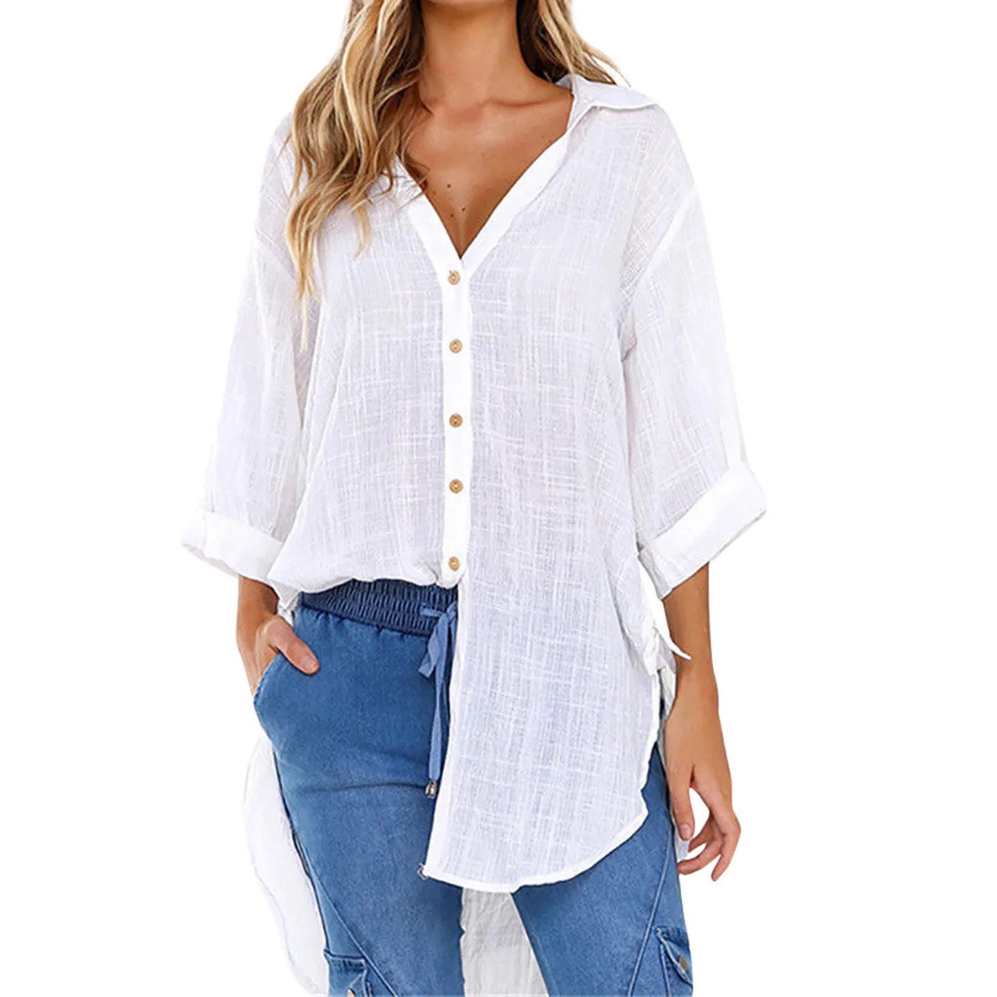 Camisas Casual Shirt For Women Lace-Up Button Lapel Shirt Loose Side Knotted Long Sleeve Fashionable Chic Shirt 2024 Summer