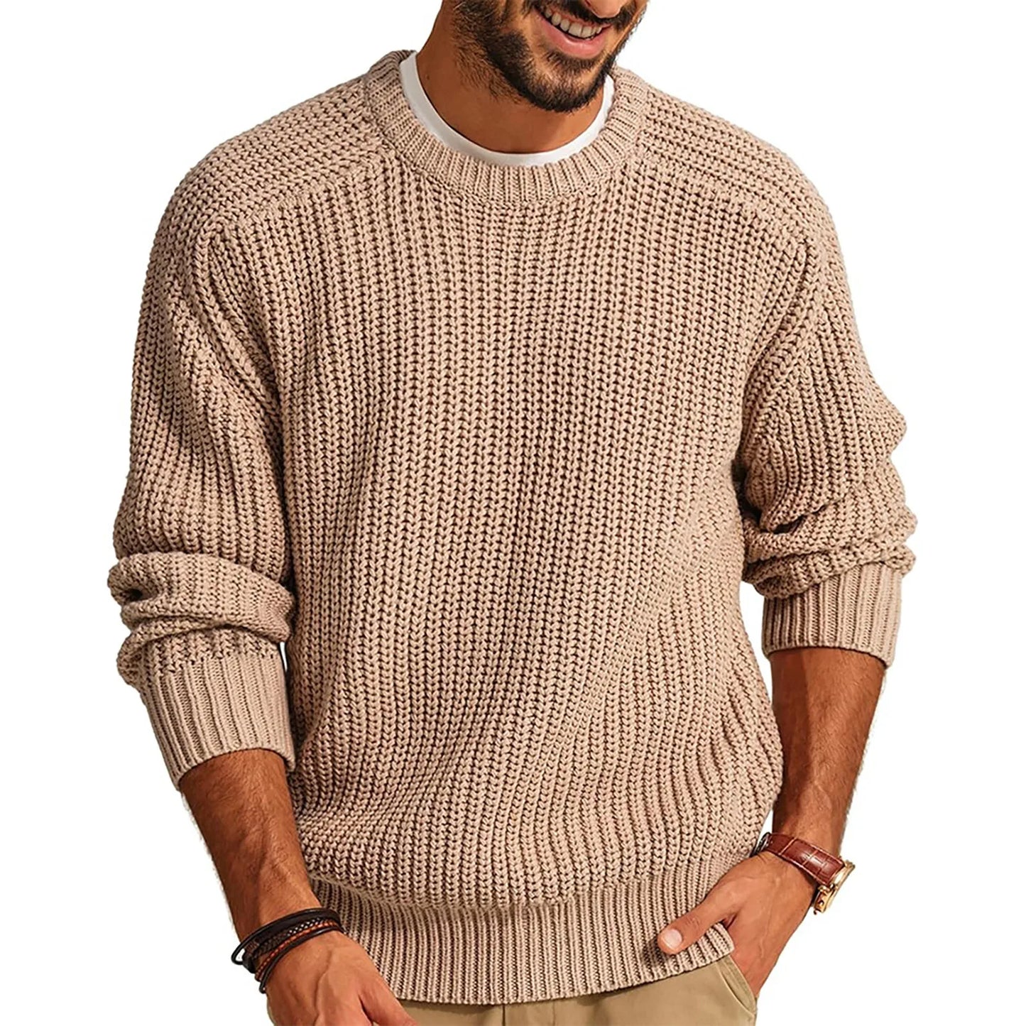 Autumn Winter Casual Brushed Knitted Sweater Men Round Neck Long Sleeve Base Shirt Tops Solid Color Loose Plain Sweaters