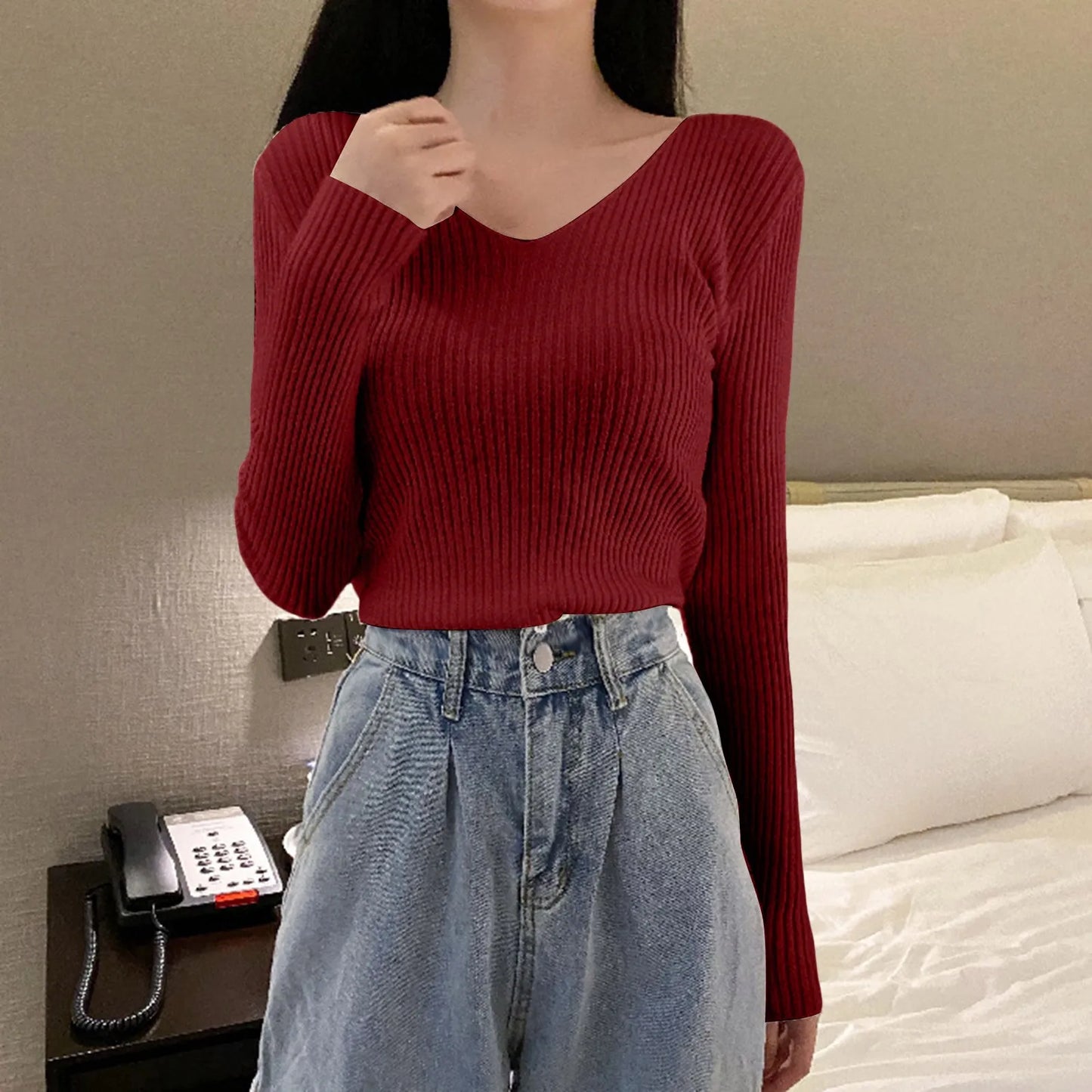 Women Basic Bottoming Pullover V Neck Sweater Autumn Winter Slim Fit Stylish Inner Wear Knitted Long Sleeve Top Tight Work Cloth