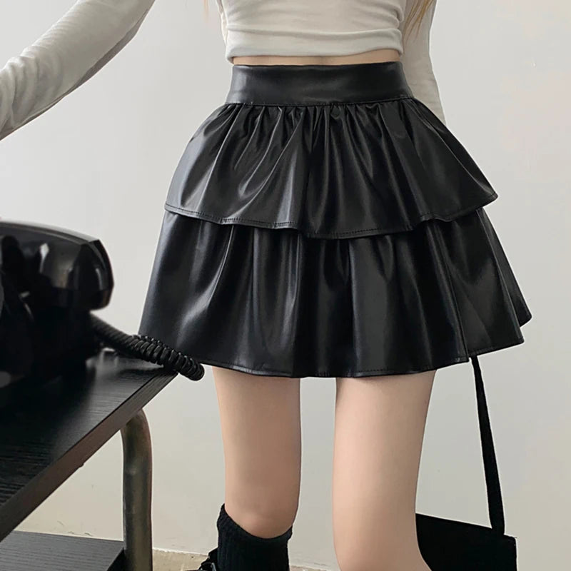 Women's Skirt Korean Version High Waist Sweet Versatile Fashion Temperament PU Leather Bouffant Cake Skirt