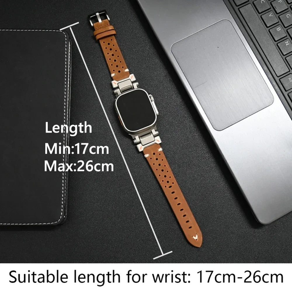 Leather Band for Apple Watch Ultra 2 49mm Series 10 46mm Strap for iWatch Series 9 8 7 45mm 4 5 6 se 44mm Luxury Metal Bracelet