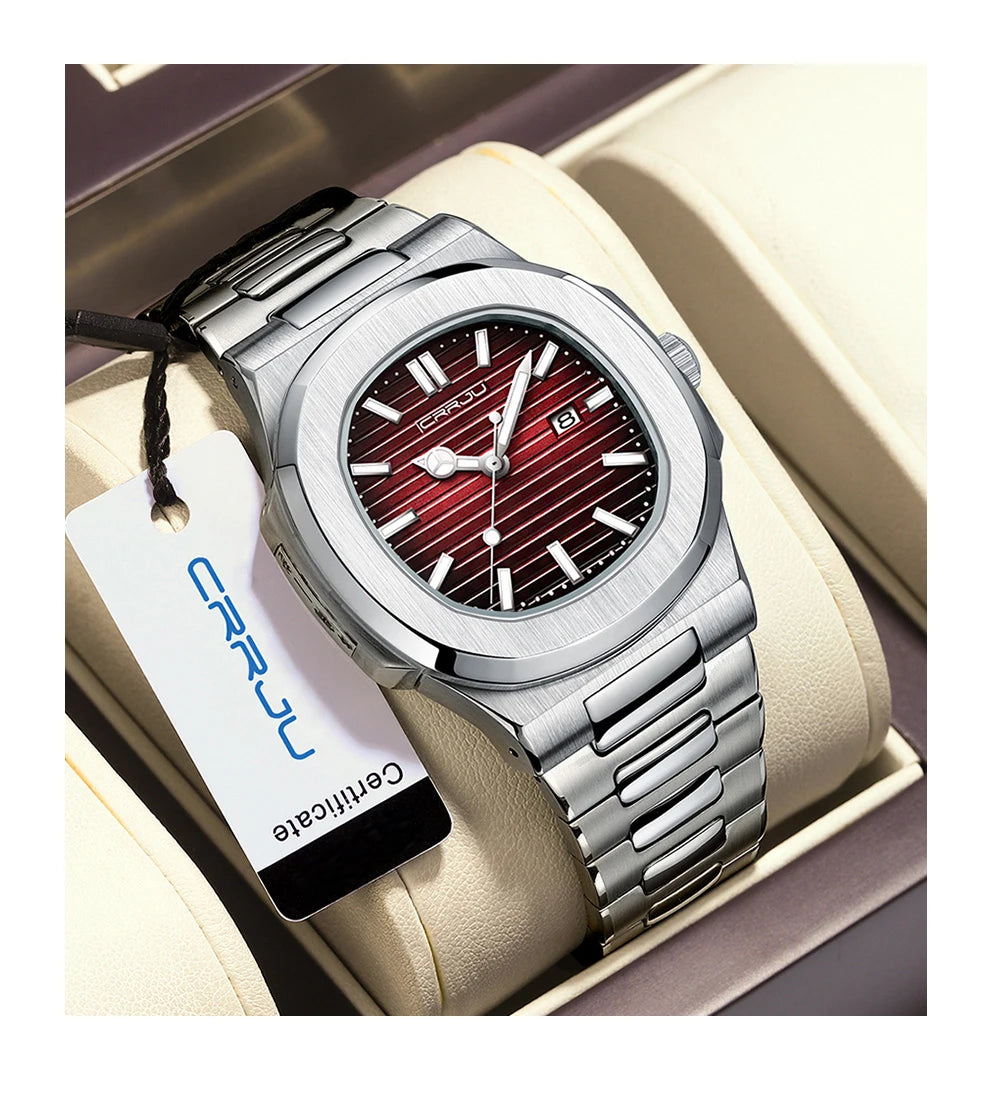 CRRJU Luxury Man Wristwatch Business Stainless Steel Quartz Men Watch Waterproof Luminous Date Square Men's Watches Clock