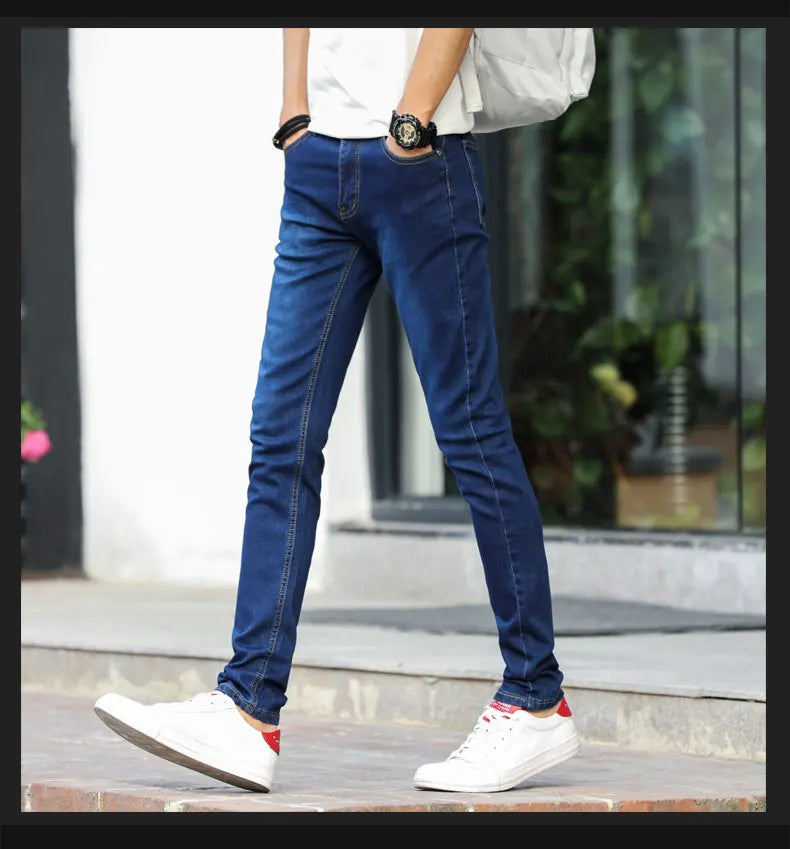 Fashion Mens Slim Fit Denim Pencil Pants High Quality Black White Skinny Stretch Jeans Mens High Street Jeans Four Season