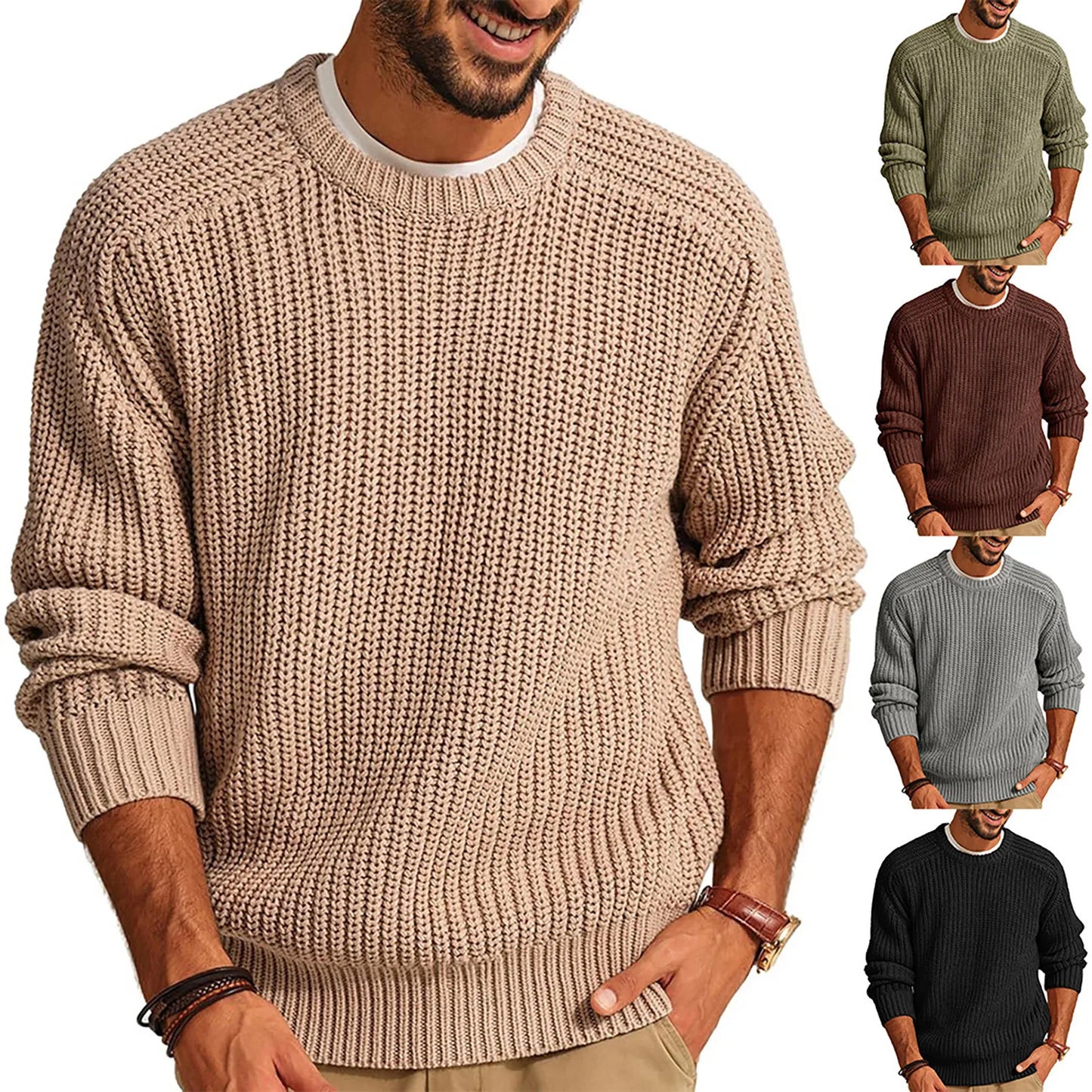 Autumn Winter Casual Brushed Knitted Sweater Men Round Neck Long Sleeve Base Shirt Tops Solid Color Loose Plain Sweaters