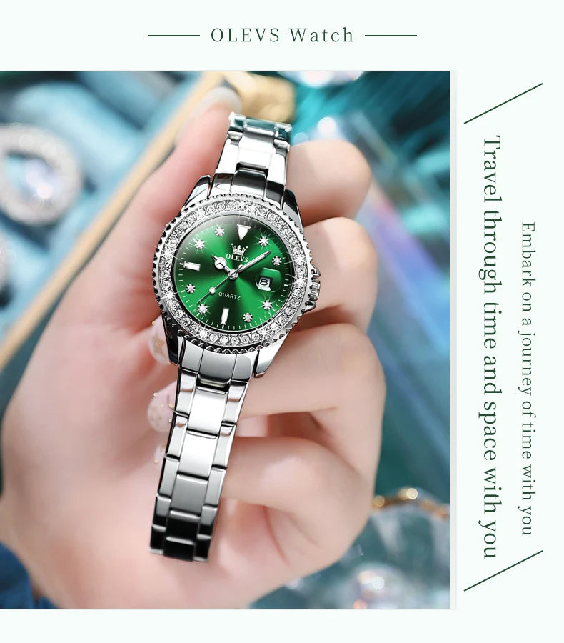 OLEVS Original Quartz Ladies Watch Luxury Diamonds Steel strip Leather strap Luminous Waterproof Diving Green Men's Quartz Watch