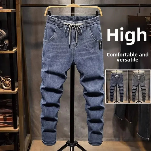 2024 New Elastic Waist Jeans For Men Straight-leg Spring Autumn Drawstring Summer Thin Slims Smooths Your Silhouette Long Pants