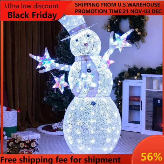 5 FT Christmas Lighted Snowman with Stars, Lighted Christmas Decoration with 140 Cold White LED Bulbs, Ground Stakes &