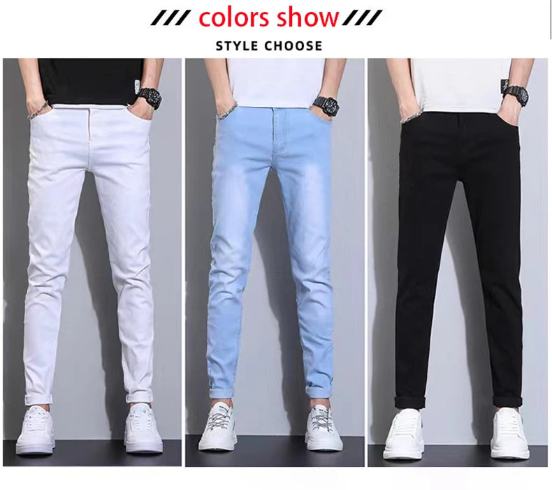 Fashion Mens Slim Fit Denim Pencil Pants High Quality Black White Skinny Stretch Jeans Mens High Street Jeans Four Season