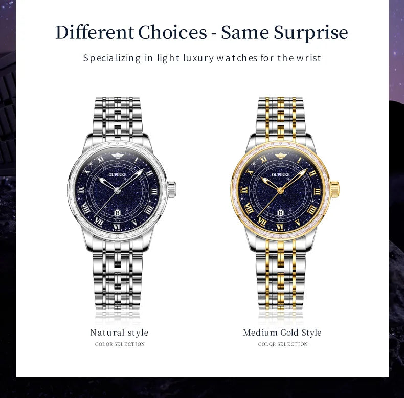 OUPINKE Top Luxury Brand Women's Watches Calendar Automatic Mechanical Watch Starry Sky Dial Romantic Gift Female Wristwatch