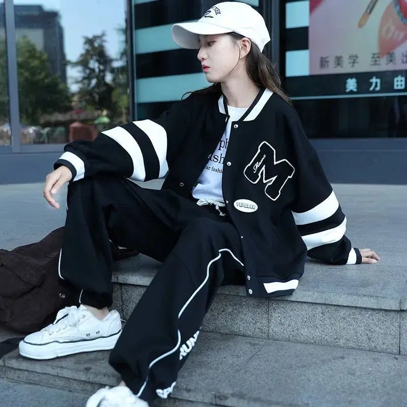 Girls Contrast Alphabet Single-breasted Sweat Varsity Jacket+Drawstring Sweatpant Set School Kids Tracksuit Child Outfit 3-14Yrs