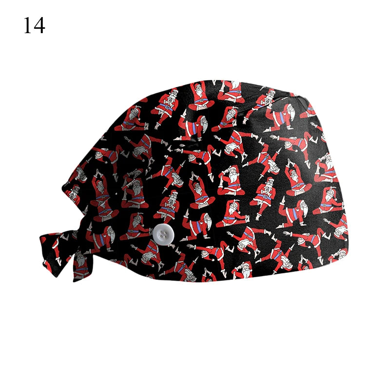 New Christmas Scrubs Caps Santa Claus Print Cap Pet Grooming Agency Work Scrubs Hat Beauty Work Hats Lab Nursing Cap