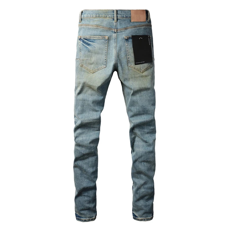 Americans High Street Style Men's Distressed Light Blue Skinny Button Fly Slim Fit Ripped Destroyed Holes Jeans