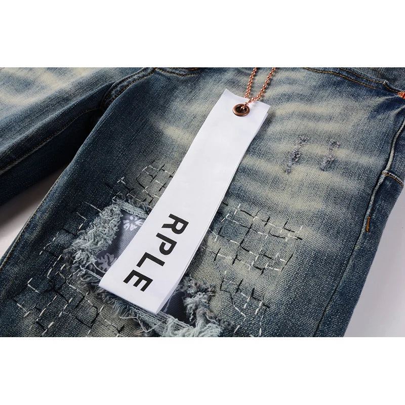 Americans High Street Style Classical Blue Skinny Distressed Button Fly Destroyed Holes Patchwork Slim Fit Graffiti Ripped Jeans