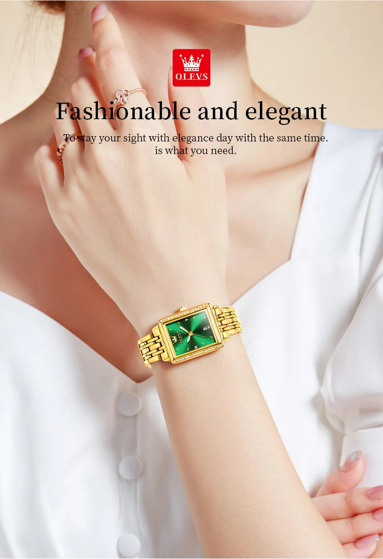 OLEVS Women Watches Fashion Golden Green Stainless Stain Steel Ladies Watch Waterproof Quarzt Wristwatch Romatic Girlfriend Gift