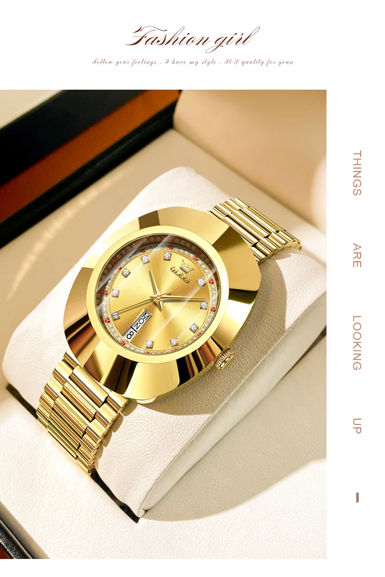 OLEVS New Luxury Golden Watch for Women Tungsten Steel Case Waterproof Wristwatch Diamond Scale Top Original Quartz Ladies Watch