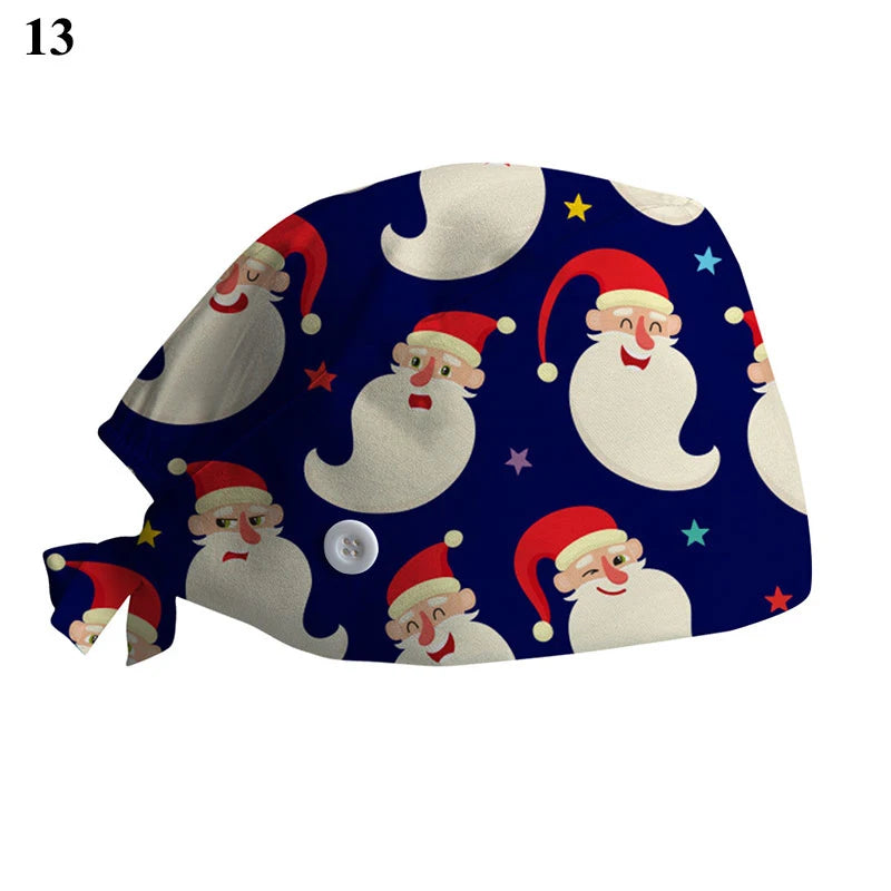 New Christmas Scrubs Caps Santa Claus Print Cap Pet Grooming Agency Work Scrubs Hat Beauty Work Hats Lab Nursing Cap