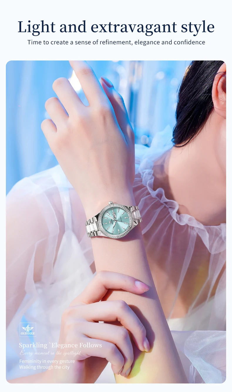 OUPINKE 3283 Women's Watch Elegant Ceramic Strap Luxury Brand Sapphire Calendar Week Waterproof Women Automatic Mechanical Watch