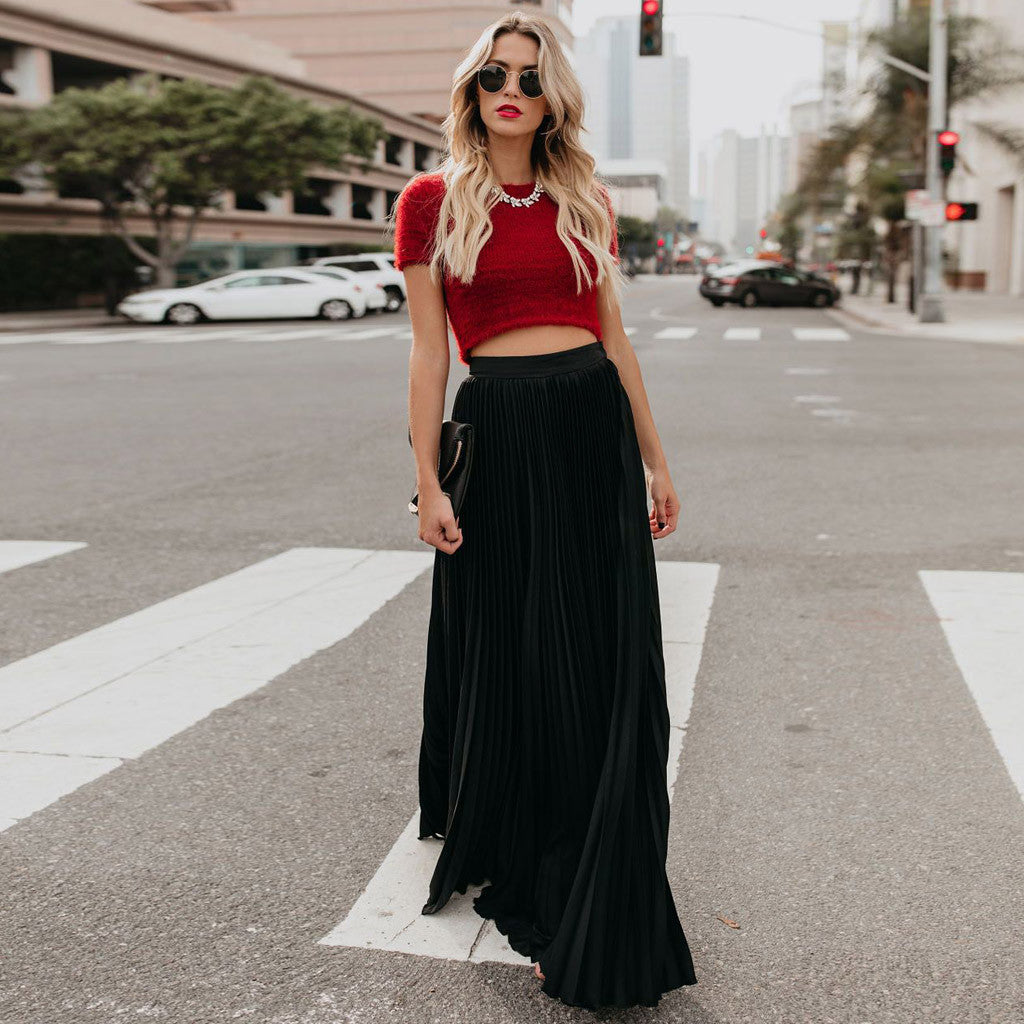 2022 Fashion Womens A-line Pleated Red Skirts Summer Jupe Longue Elastic Vintage Elegant Chic Loose Long Skirt Dropshipping