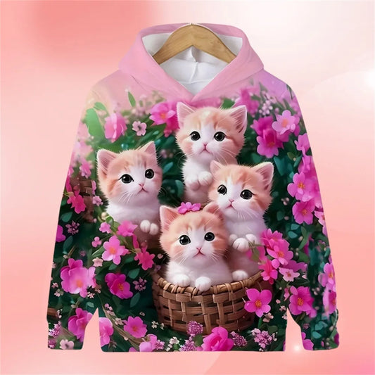 2024 Kawalii Girls Clothes Hoodies for Kids Cat Hoodie Fashion Cartoon Spring Autumn Casual Cartoon Print Sweaters for Children