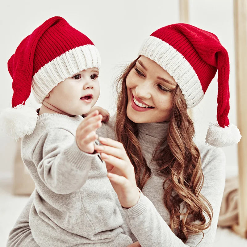 Parent-Child Christmas Hat Big Pompom Mother Kids Knit Beanie Cap Winter Warm Infant Bonnet Girls Boy Xmas Baby Accessories 1PC