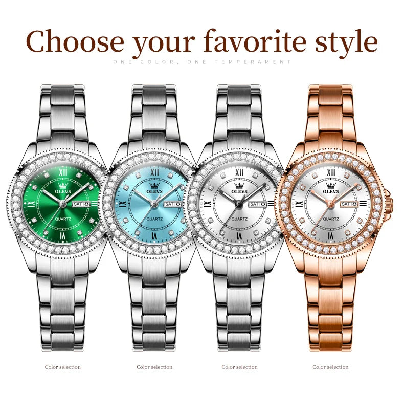 OLEVS Top Original Diamond Quartz Watch for Women Stainless Steel Waterproof Luminous Dual Calendar Luxury Women's Wristwatches