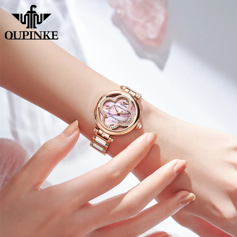 OUPINKE Original Elegant Fully Automatic Women's Mechanical Watches Waterproof Ceramic Tape Lucky Grass Watch for Women Luxury