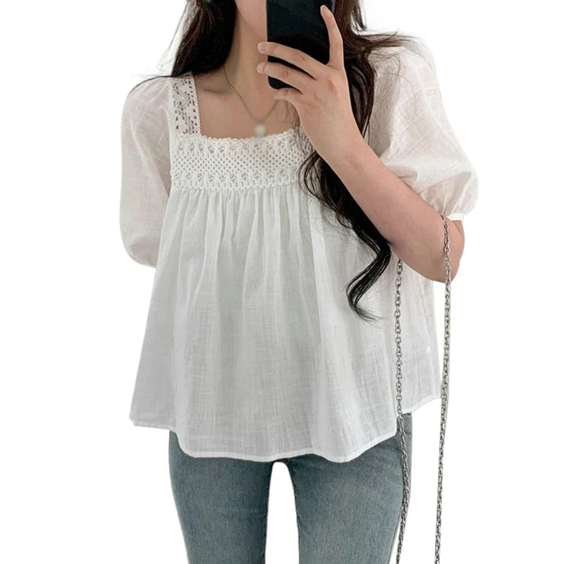 Women's Doll Shirt shirt Sweet Shirt Solid Color Square Collar Temperament Bubble Sleeves Cotton Hollow Out Design Sense