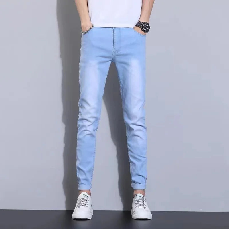 Fashion Mens Slim Fit Denim Pencil Pants High Quality Black White Skinny Stretch Jeans Mens High Street Jeans Four Season