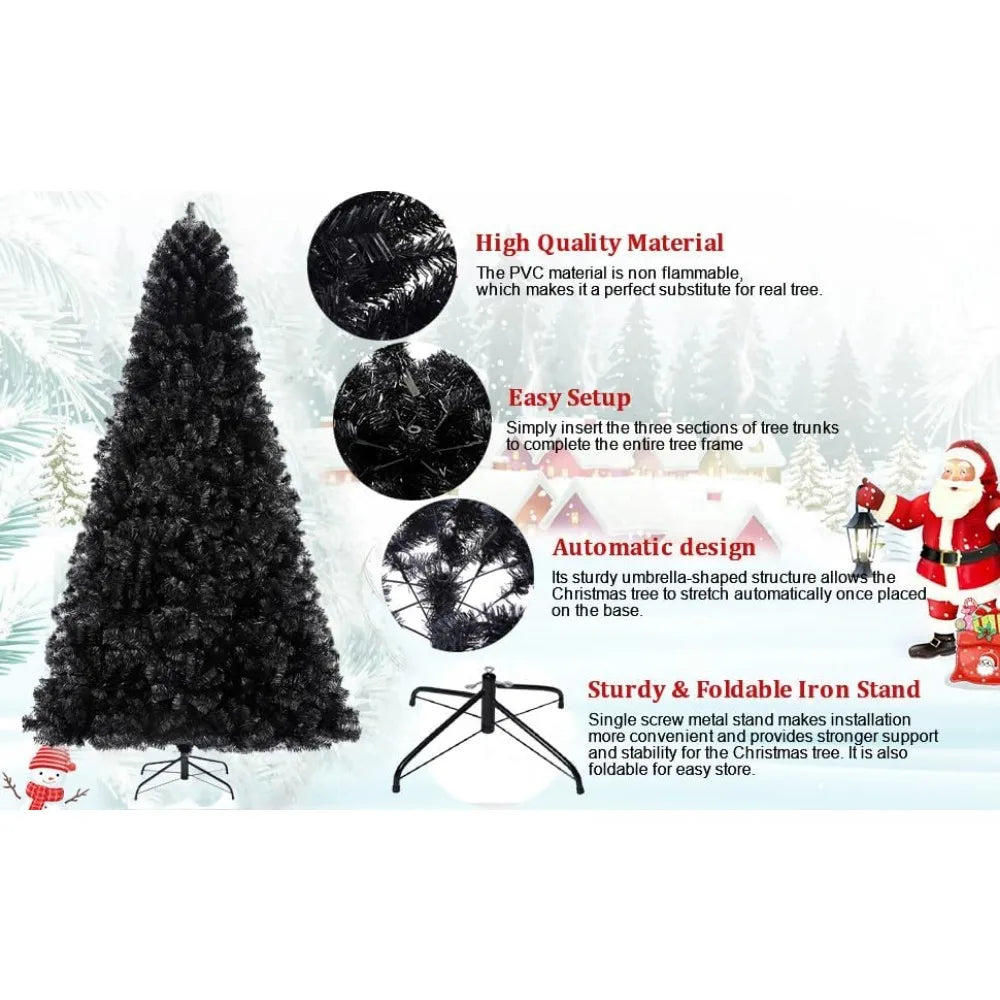 7.5ft Black Christmas Tree  Artificial Decorations with 1,450 Tips-1pcs Treetop Star, Christmas Tree Holiday Party Decorations